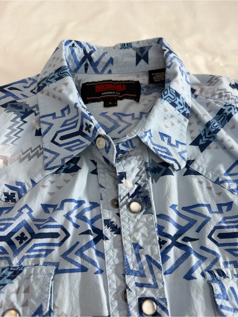 Men’s Rock & Roll Denim Light Blue Aztec Print Button-Down Shirt, Pearl Snaps Lg
